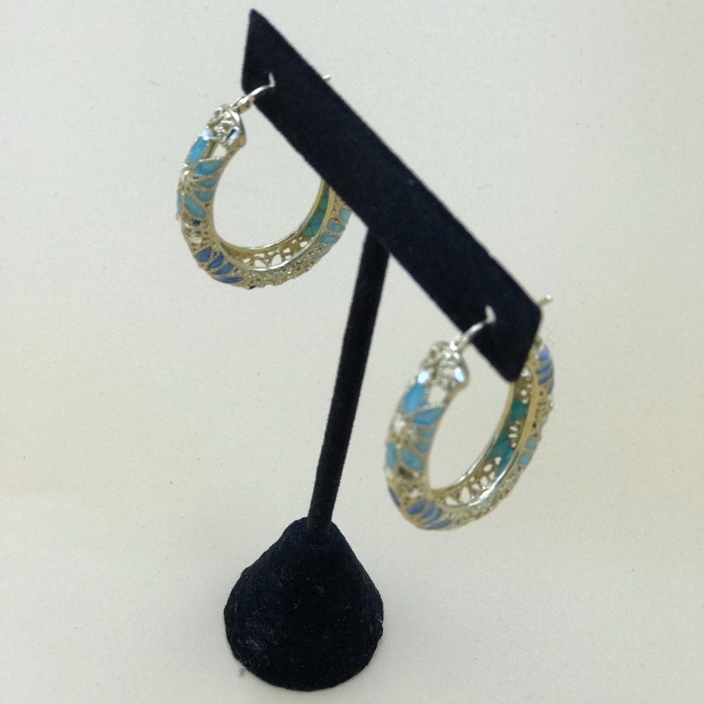 Sterling Silver Blue Flower Hoops Earrings.